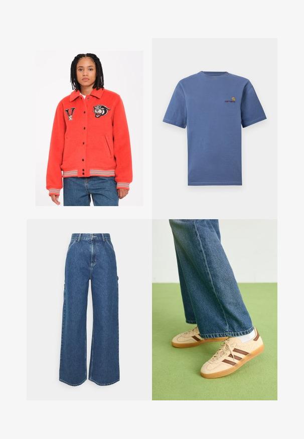 Rote Fleecejacke mit Kragen, schwarzen Druckknöpfen, Seitentaschen und gestreiften Bündchen. Mit gestickten Tiger- und Buchstaben-"V"-Aufnähern.; Blaues Baumwoll-T-Shirt mit kurzen Ärmeln, ausgestattet mit einem kleinen roten und gelben Logo auf der Brust. Einfacher Rundhalsausschnitt mit geradem Saum.; Weite blaue Denim-Hosen mit hoher Taille, kontrastierenden Nähten und Seitentaschen, ausgestattet mit einem klassischen Five-Pocket-Design und rohen Säumen.; Beige Sneakers mit strukturierten cremefarbenen Paneelen und braunen Streifen, kombiniert mit blauen Jeans. Die Jeans haben einen weiten Beinschnitt und einen fransigen Saum.