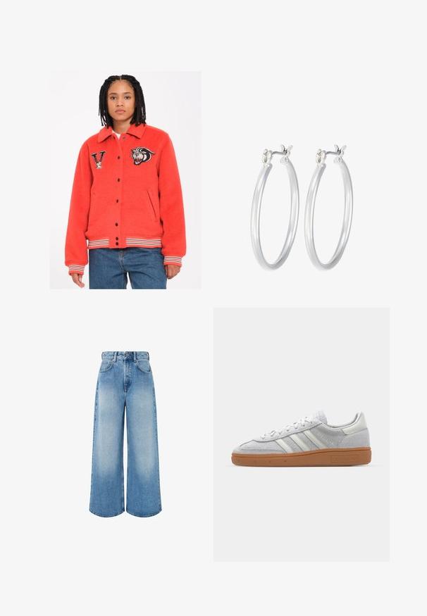 Red fleece jacket with a collar, black snap buttons, side pockets, and striped cuffs. Features embroidered tiger and letter "V" patches.; Black long-sleeve bodysuit with a high neck, featuring solid fabric on the torso and sheer mesh sleeves, designed in a fitted shape.; Light blue wide-leg jeans made of denim, featuring a high waist, button closure, and subtle fading with clean hem edges.; Light grey suede sneaker with white leather accents, three white stripes, and a brown rubber sole, featuring a padded collar for comfort.; Silver hoop earrings with a smooth, polished finish. Round shape and secure click-top closure. Lightweight design suitable for everyday wear.