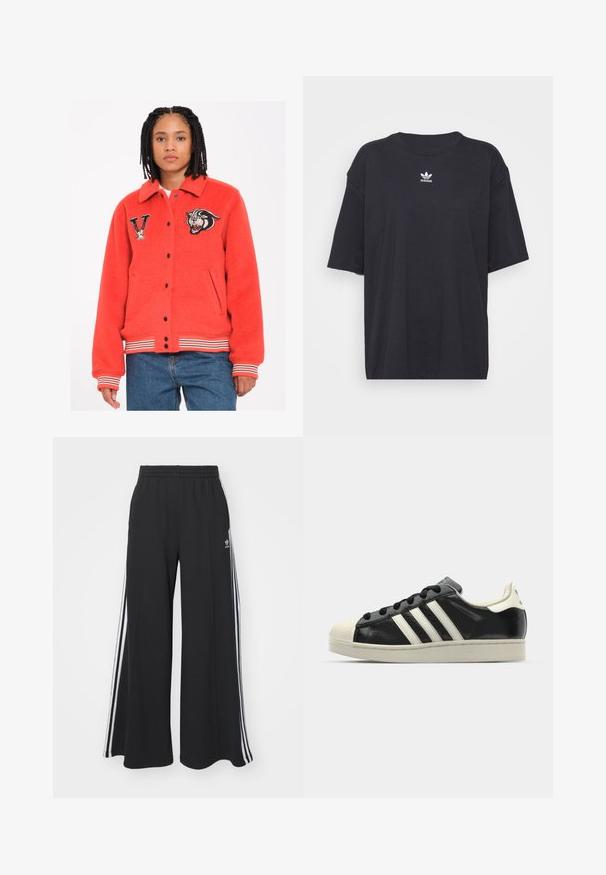 Red fleece jacket with a collar, black snap buttons, side pockets, and striped cuffs. Features embroidered tiger and letter "V" patches.; Black cotton t-shirt with short sleeves, round neckline, features a white Adidas logo on the chest. Simple design, relaxed fit.; Black wide-leg sweatpants with an elastic waistband, featuring white side stripes and an embroidered logo on the left thigh.; Black leather sneaker with white stripes, rubber toe cap, black laces, and a cream-colored outsole. Smooth texture with shiny finish.