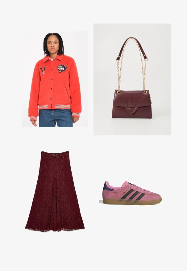 Rode fleec jas met een kraag, zwarte drukknoopjes, zijzakken en gestreepte manchetten. Heeft geborduurde tijger- en letter "V" patches.; Langarm, ronde hals top in diep bordeauxrood, gemaakt van een zachte stof met een gladde textuur en minimale stikseldetails.; Lange bordeaux laken rok met een A-lijn silhouet en semi-doorzichtig bloemenpatroon.; Roze suède sneaker met zwarte strepen, rubberen zool en textuur op de paarse hak. Voorzien van een vetersluiting en opgedrukte merknaam aan de zijkant.; Bordeaux lederen handtas met een opklapbare klep, voorzien van een gouden kettingriem en een driehoekig metalen accent aan de voorkant. Soepele textuur.
