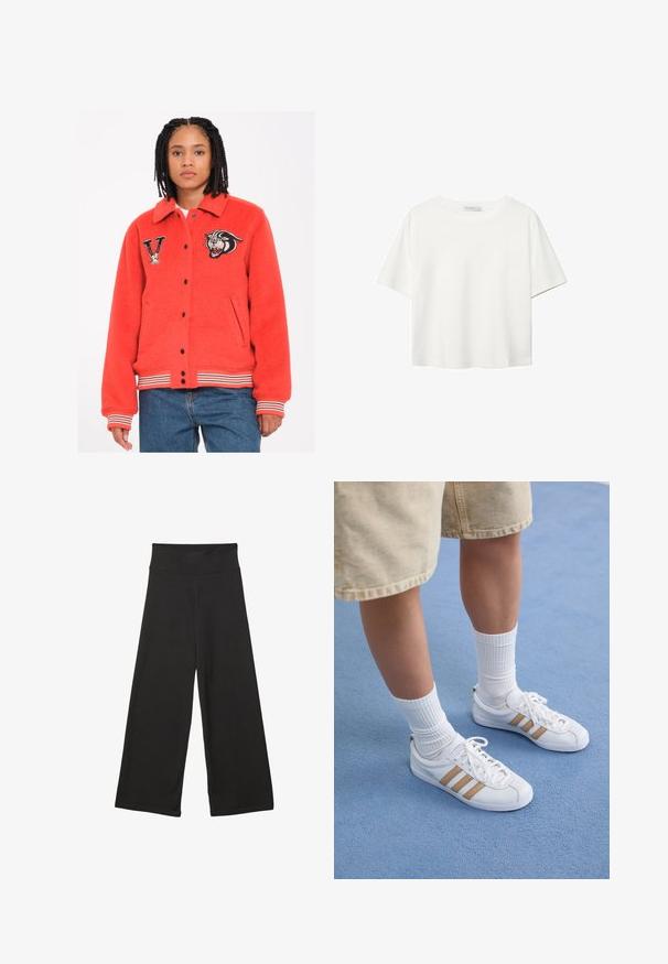 Veste en polaire rouge avec un col, boutons pression noirs, poches latérales et poignets rayés. Présente des patches brodés d'un tigre et de la lettre "V".; T-shirt blanc à manches courtes en coton. Doté d'un col ras du cou et d'une coupe décontractée. Texture lisse sans motifs ni accents visibles.; Pantalons larges noirs avec une taille élastique haute, en tissu doux et avec un ajustement loose, adaptés pour une tenue décontractée ou des environnements relaxants.; Baskets blanches avec trois bandes dorées, lacées, semelle en caoutchouc, portées avec des chaussettes blanches côtelées et un short beige sur une surface bleue.