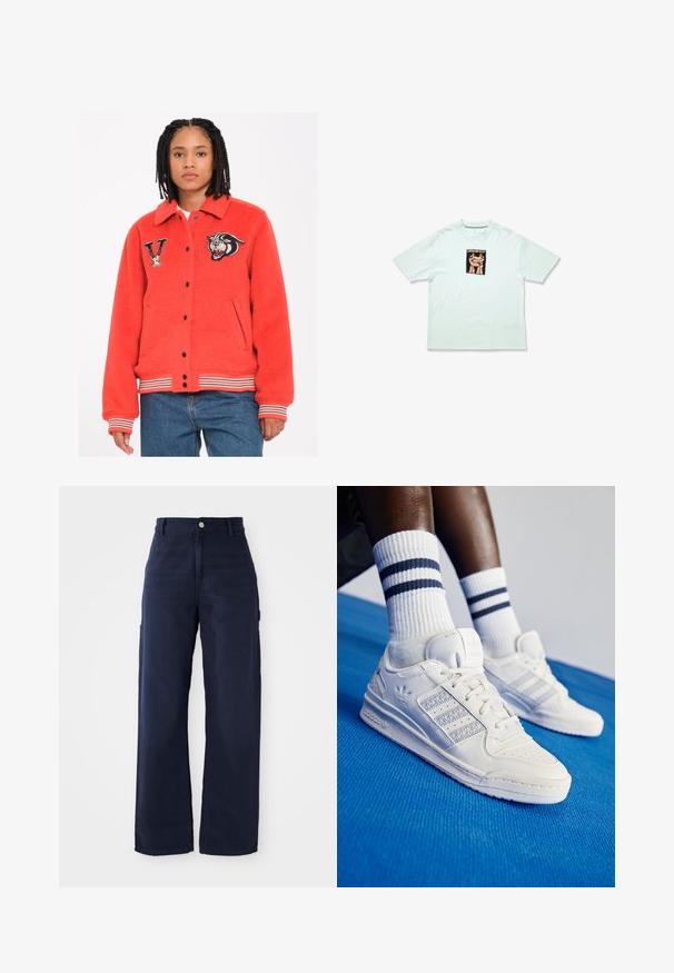 Veste en polaire rouge avec un col, boutons pression noirs, poches latérales et poignets rayés. Présente des patches brodés d'un tigre et de la lettre "V".; T-shirt à manches courtes vert menthe clair en tissu doux, ornée d'un imprimé graphique central représentant deux figures accompagnées du texte "Yellow Stone".; Un pantalon cargo large en bleu marine fabriqué dans un tissu en coton résistant, avec des poches latérales et une fermeture à bouton à la taille.; Baskets en cuir blanc avec des accents perforés, trois bandes métalliques et un panneau latéral texturé. Portées avec des chaussettes blanches ornées de rayures bleues.