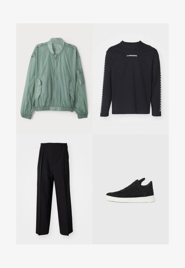 Světlezelená bomber bunda vyrobená z lehkého materiálu. Má zipový přední díl, elastické manžety, dvě boční kapsy a kapsu na zip na rukávu.; Černé tričko s dlouhým rukávem vyrobené z bavlny, s kulatým výstřihem a logem J.Lindeberg na hrudi, s kostkovaným vzorem na rukávech.; Černé skládací kalhoty s rovnými, širokými nohavicemi. Vyrobené z hladké tkaniny, se zapínáním na knoflík a poutky na opasek.; Černé semišové tenisky s bílou gumovou podrážkou, s tónovým prošitím a šněrováním. Hladký povrch s moderním, aerodynamickým tvarem.