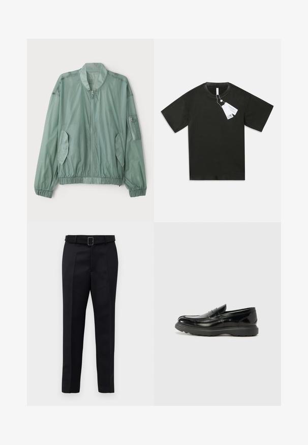 Svetlo zelena bomber jakna iz lahkega materiala. Ima zadrgo spredaj, elastične manšete, dve stranski žep in žep z zadrgo na roki.; Črna kratkotrajna bombažna majica s kratkimi rokavi in okroglim izrezom, na kateri so pritrjene bele oznake izdelka, ki visijo iz ovratnika, na enobarvni beli podlagi.; Črne krojene hlače so narejene iz gladkega materiala, imajo ravno krojenje in pas z obročkom v pravokotnem oblikovanju. Oznake na sprednji strani dodatno izboljšajo videz.; Črne usnjene loafer čevlje z sijajno obdelavo, okroglo špico, subtilnimi šivi in debelim gumijastim podplatom za trajnost.