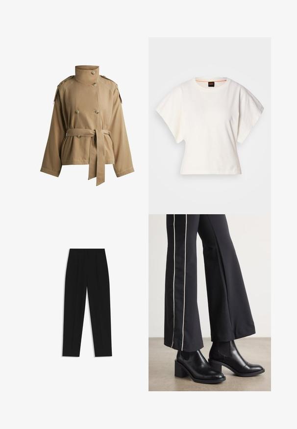 Khaki double-breasted jacket with a high collar, belted waist, broad sleeves, and shoulder epaulettes. Features visible stitching details.; White cropped T-shirt, short wide sleeves, soft cotton material, round neckline with subtle orange trim, minimal design, no patterns or graphics.; Black trousers with a straight fit, featuring double pleats, a smooth texture, and a classic waistband design. No visible hardware or accents.; Black leather ankle boots with a block heel, featuring elastic side panels. Paired with black pants that have a white side stripe.