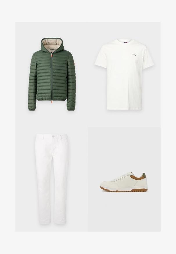Žalia paklota pūkinė striukė su gaubtu, priekinis užtrauktukas su oranžinėmis traukimo detalėmis ir elastiniai rankogaliai, pristatyta ant balto fono.; Balta medvilnės marškinėlį su trumpomis rankovėmis, V formos iškirpte ir mažuoju siuvinėtų logotipu kairėje krūtinės pusėje. Slydus paviršius ir įprasta fasonas.; Baltos medvilninės kelnės su tiesiomis kojomis, turinčios mygtuko užsegimą, diržo kilpas ir be matomų raštų ar akcentų.; Tommy Hilfiger BASKET CORE - Sportbačiai - ecru/army green