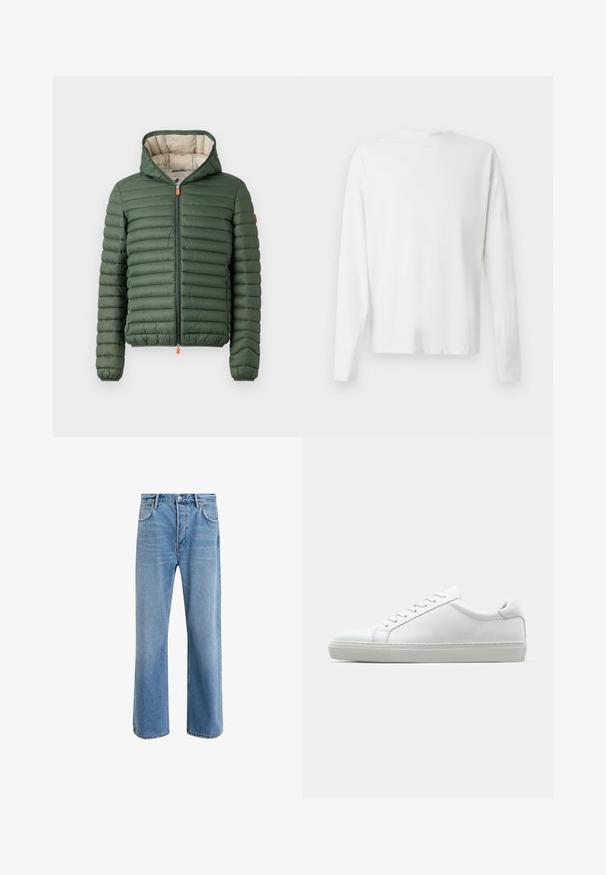 Groene gewatteerde pufferjack met capuchon, vooraan voorzien van een ritssluiting met oranje trekjes en elastische manchetten, weergegeven op een effen witte achtergrond.; Witte katoenen blouse met lange mouwen en een ronde halslijn, met zijsplitten aan de onderkant en een gladde textuur, vanuit de achterkant weergegeven.; Lichtblauwe denim jeans met een straight-leg ontwerp, vijf zakken, knoopsluiting, minimale vervaging en contrasterende stikseldetails.; Witte sneaker met een gladlederen bovenwerk en een laag profiel. Voorzien van een ronde neus, zes vetergaatjes en een gestructureerde rubberen zool.