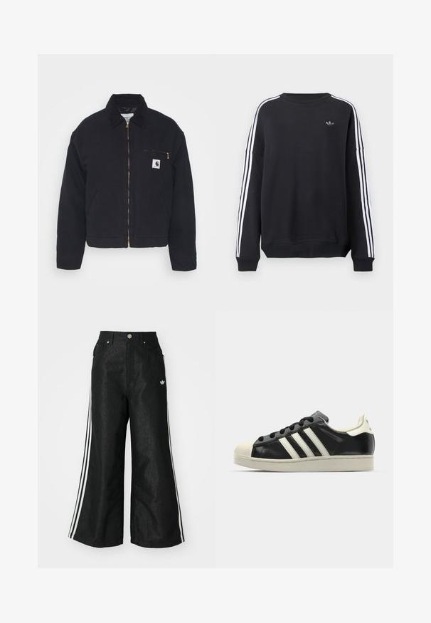 Jaqueta de ganga preta com colarinho de veludo, fecho dianteiro de zipper e um bolso no peito com um zipper dourado e um emblema no lado esquerdo.; Sweatshirt preta de manga comprida, com riscas brancas a correr ao longo de cada braço e um pequeno logótipo cinza no peito. Material de algodão, corte casual.; Calças de denim largas pretas com três riscas brancas em cada lado e um pequeno logótipo branco. Apresenta bolsos frontais e um fecho de botão.; Sapatilha de couro preto com riscas brancas, biqueira de borracha, atacadores pretos e sola na cor creme. Textura suave com acabamento brilhante.