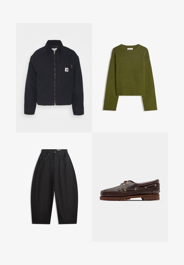 Crna traper jakna s žakard ovratnikom, zatvaranjem na patentni zatvarač sprijeda i džepom na prsima koji ima zlatni patentni zatvarač i logo zakrpu s lijeve strane.; Maslinasto zeleni pleteni džemper s okruglim izrezom, dugim rukavima i rebrastim rubom. Ima skraćeni dizajn s mekanim, teksturiranim završetkom.; Crne široke hlače od pamuka, s visokim strukom, pet džepova i kopčanjem na metalnu dugmad. Glatka tekstura i bez vidljivih uzoraka.; Smeđe kožne čamce cipele s zlatnim okomitim rupicama, okruglim vezicama i teksturiranom smeđom gumiranom potplatom. Ima stišnjene detalje i uzdignuti logo.