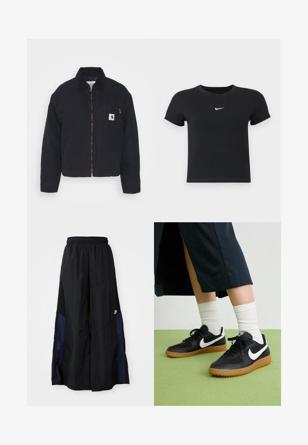 Črna jeans jakna z žametnim ovratnikom, zadrgo spredaj in prsno žepom, ki ima zlato zadrgo ter logotip na levi strani.; Črna kratka majica z rokavi iz bombaža s krožnim vratnim izrezom. Ima bel Nike logotip na prsih, minimalističen dizajn in oprijet kroj.; Črne široke hlače iz lahkega materiala, z morsko modrim stranskim panelom in elastičnim pasom. Majhna bela oznaka na dnu.; Črne usnjene in sintetične superge z belim Nike swooshom, gumo na podplatu, okroglo konico ter črnimi vezalkami. Vidne so rebraste bele nogavice.