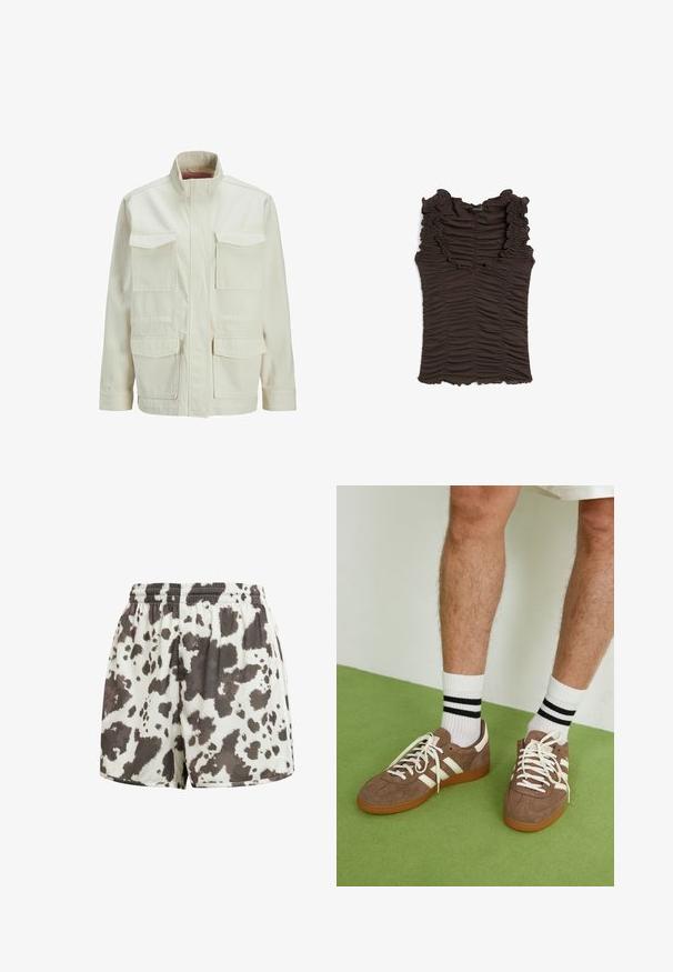 Giacca color crema realizzata in misto cotone, caratterizzata da un colletto alto, due tasche sul petto e due tasche laterali con una vestibilità strutturata e ampia.; Top marrone senza maniche con scollo arricciato e tessuto arricciato in tutto il capo. Presenta una silhouette aderente e una superficie texturizzata.; Pantaloni corti con stringa in crema con stampa di mucca marrone e nera. Texture liscia, vestibilità comoda, orlo cucito e vita elastica.; Sneaker in suede marrone con dettagli e lacci bianchi. Suola in gomma color gomma. Indossati con calzini bianchi con righe nere. Pavimento verde texturizzato.