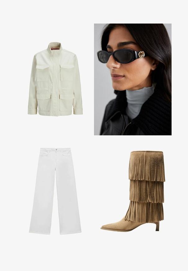 Jakna krem boje izrađena od mješavine pamuka, sa visokim ovratnikom, dva prsna džepa i dva bočna džepa, sa strukturiranim, kutnim krojem.; Crna majica kratkih rukava od glatkog materijala. Ima okrugli izrez i opušteni kroj s ravnim rubom.; Bijele široke traperice s ravnim prednjim dijelom, dva prednja džepa i kopčom na gumb, s ravnim krojem nogavica i bez vidljivih uzoraka.; Kratka čizma od tan sueda s tri sloja rese. Oštri vrh i niska blok peta. Glatka tekstura kroz cijelu čizmu.; Crne sunčane naočale sa elegantnim pravokutnim okvirom i zlatnim logotipom na strani. Tamna stakla i sjajni finiš su istaknuti.