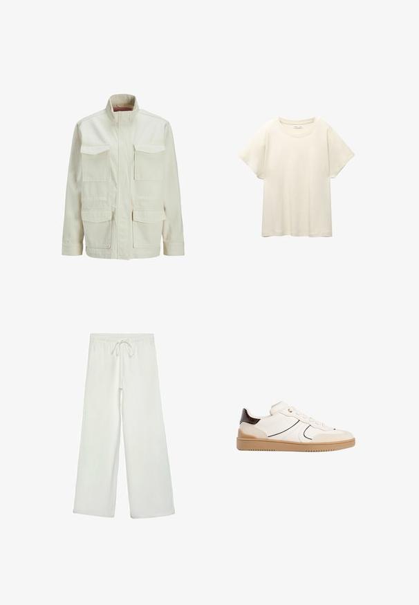 Krämfärgad jacka i blandning av bomull, med hög krage, två bröstfickor och två sidofickor i en strukturerad, fyrkantig passform.; Ljus beige kortärmad t-shirt med rund halsringning, tillverkad av mjuk, slät tyg. Har en avslappnad passform och rak nederkant.; Vita vida byxor i mjukt tyg. Har en elastisk midja med dragsko och en slät yta. Inga synliga mönster eller metalldetaljer.; Stradivarius Sneakers - white