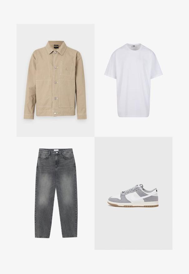 Bež pamukasta jakna sa ovratnikom, prednjim kopčanjem, dvjema velikim džepovima i malim logotipom na prsima.; Bijela pamučna majica s kratkim rukavima, zaobljenim izrezom, opuštenog kroja, bez vidljivih logotipa ili uzoraka. Glatka tekstura i minimalni dizajn.; Traperice visokog struka, širokog kroja u izblijedjelom crnom denimu. Imaju pet džepova, petlje za remen, i čist, ravni kroj nogu.; Sivi i bijeli tenisice s gornjištem od antilopa i kože, okruglim vrhom, ravnim vezicama i gumenim potplatom s dodatkom boje gume.