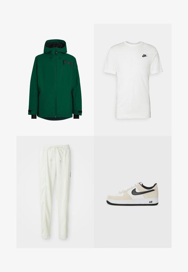 Giacca impermeabile verde con zip frontale, cappuccio regolabile e numerose tasche con zip. Presenta dettagli neri e polsini con velcro.; Maglietta bianca in cotone con maniche corte, scollo rotondo e logo Nike nero sulla parte sinistra del petto. Tessuto liscio e vestibilità classica.; Pantaloni jogger slim-fit bianchi con vita elasticizzata e cordino, caratterizzati da dettagli sulle cuciture laterali e un piccolo patch nero sulla gamba destra.; Sneaker con una parte superiore in suede beige chiaro e pelle bianca, logo Nike Swoosh nero, dettagli neri e una suola in gomma bianca con il marchio "AIR".