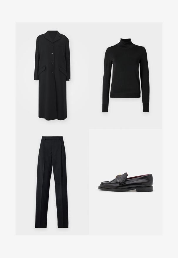 Cappotto lungo nero in lana, con collo a rever, cinque bottoni, due tasche laterali e una tasca sul petto.; Pullover nero a maniche lunghe con collo alto, rifinito con polsini e orlo a coste, mostrato su uno sfondo bianco semplice.; Pantaloni neri realizzati in tessuto morbido, caratterizzati da vita alta, gambe larghe, pince frontali e classiche passanti per cintura. Non ci sono tasche laterali visibili.; Mocassini neri in pelle con un motivo cucito, texture liscia, dettaglio con fibbia dorata e punta arrotondata, posizionati su una suola bassa nera.