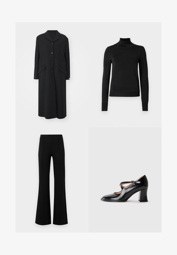 Zwarte lange jas van wol, met een puntige kraag, vijf knopen, twee zijzakken en een enkele borstzak.; Zwarte trui met lange mouwen en col, voorzien van geribde manchetten en zoom, weergegeven op een effen witte achtergrond.; Zwarte flared broeken met een hoge taille, gemaakt van rekbaar materiaal. Bevat verticale naden aan de voorkant en heeft een gladde textuur.; Zwarte gepatineerde leren hoge hakken met een uitgesneden ontwerp, voorzien van een enkelband en een chunky hak. Glad oppervlak en ronde neus.