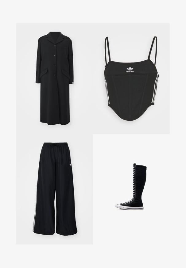 Casaco longo preto feito de lã, com colarinho em bico, cinco botões, dois bolsos laterais e um bolso no peito.; Top crop preto canelado com alças finas ajustáveis, apresentando três riscas brancas nas laterais e um pequeno logótipo branco da Adidas ao centro.; Calças largas pretas feitas de um tecido leve. Apresenta uma cintura elástica com cordão e riscas brancas laterais. Logótipo da marca na anca.; Tênis de cano alto pretos com um design alto, feitos de lona. Apresentam atacadores brancos, costura e uma sola de borracha com biqueira.