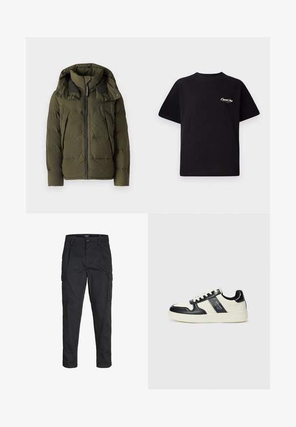 Alyvuogių žalia pūkinė striukė su aukštu apykakle, užtrauktuko uždarymu ir sagčių diržais ant pečių; turi siuvinėtus skyrius ir šonines kišenes.; Juodas medvilninis marškinėliai su apvalia kaklo linija, trumpomis rankovėmis ir mažais baltais logotipo raštais kairiajame krūtinės šone. Paprastas dizainas, klasikinio kirpimo.; Juodi krovinių tipo džinsai, pagaminti iš tvirto audinio, su keliais kišeniais, mygtuko uždarymu ir siauru, prigludusiu dizainu su siaurėjančiomis kojomis.; Odiniai sportbačiai juodos ir kreminės spalvų schemoje, su perforuotais akcentais, paminkštinta apykakle ir tekstūruotu padu.