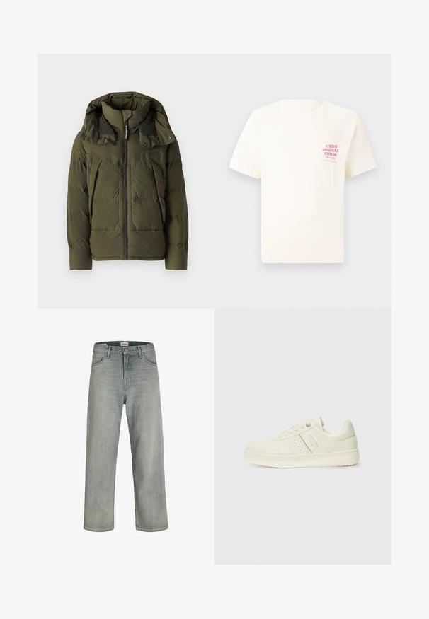 Zielono-oliwkowa kurtka puchowa z wysokim kołnierzem, zapięciem na zamek błyskawiczny i guziki na ramiączkach; posiada pikowane sekcje oraz boczne kieszenie.; Biała koszulka z krótkim rękawem z czerwonym napisem "Studio Originals Edition" po lewej stronie klatki piersiowej, wyeksponowana na neutralnym szarym tle.; Jasnoszare, luźne dżinsy wykonane z denimu. Posiadają klasyczny pięcio-kieszeniowy krój, szlufki na pasek oraz prostą nogawkę.; Kremowe sneakersy z perforowanymi detalami, sznurowadłami i logo z boku, prezentowane na jednolitym białym tle.