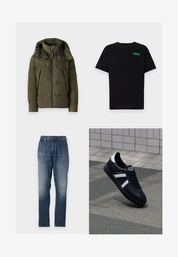 Olivza zaļa pūkainā jaka ar augstu apkakli, ar rāvējslēdzēju un pogām piespraustām plecu siksnām; iekļauj quiltētas daļas un sānu kabatas.; Melna kokvilnas t-kreka ar īsām piedurknēm. Uz priekšu ir zaļa "ROOTS" logo, apaļa kakla izgriezums un standarta piegriezums.; Džinsi no denima ar izbalinātu zilu krāsu, taisnas kājas dizainu, mērenu nolietojumu priekšpusē un klasisku piecu kabatu stilu.; Melnā ādas sporta apavi ar baltām svītrām, teksturēta gumijas zole un auklu aizdare. Iekļauj zīmola etiķeti uz mēles.
