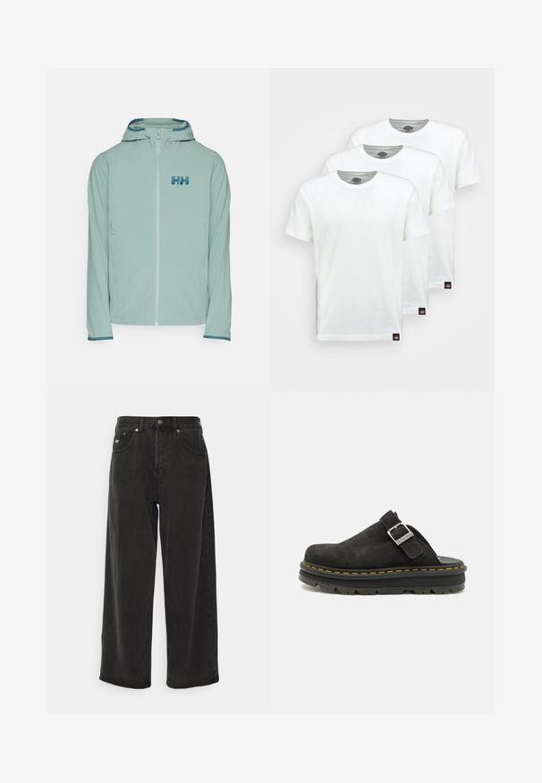 Helly Hansen CASCADE SHIELD - Outdoor jacket - cactus; Three plain white cotton t-shirts with short sleeves. Each shirt features a round neckline and a small black logo tag on the left side.; Obey Clothing BIGWIG BAGGY - Baggy Jeans - black; Black suede clog with adjustable strap, featuring a thick black rubber sole and contrasting yellow stitching along the edge.