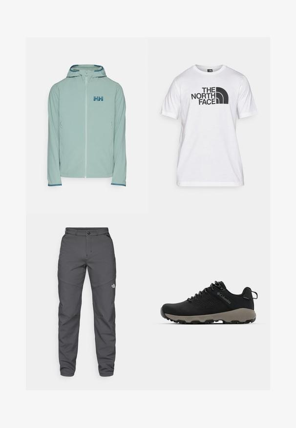 Helly Hansen CASCADE SHIELD  - Outdoor jacket - cactus; White cotton t-shirt featuring a black graphic print with text and a curved logo design. Round neckline and short sleeves. Plain texture.; Gray outdoor pants made of a durable fabric, featuring a button closure, belt loops, and a logo near the lower leg.; Black hiking shoe with a smooth upper, perforated design, gray outsole, and reinforced heel. Features laces and a pull tab for easy wear.