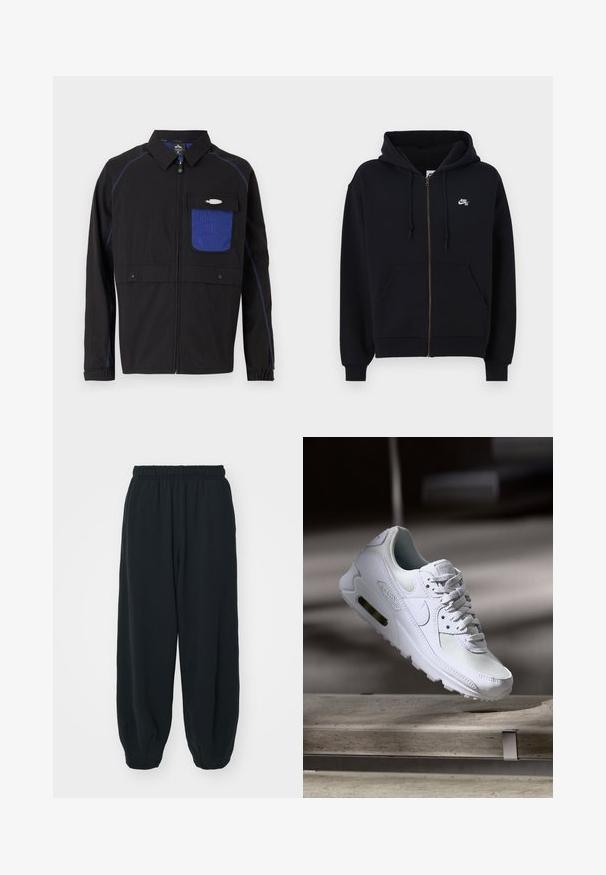 Čierna bunda so svetlomodrou sieťovinovou prsnou kapsou, kontrastným svetlomodrým prešívaním a patentkami. Navrhnutá s predným zipsom a dlhými rukávmi.; Čierna mikina so zipsom a kapucňou, prednými vreckami, elastickými manžetami a malým bielym logom na ľavom hrudníku. Vyrobená z jemnej látky.; Dve bavlnené tričká zobrazené chrbát k chrbátu: jedno čierne a jedno biele. Obe majú krátke rukávy a okrúhly výstrih, s hladkou textúrou.; Čierne tepláky s elastickým pásom, vo voľnom strihu, s manžetami na členkoch, hladkej textúry a bez viditeľných vzorov alebo kovových doplnkov.; Biele tenisky Nike Air Max 90 s vrchnou časťou z kože a sieťoviny, perforovanou špičkou a viditeľnou vzduchovou jednotkou v päte.