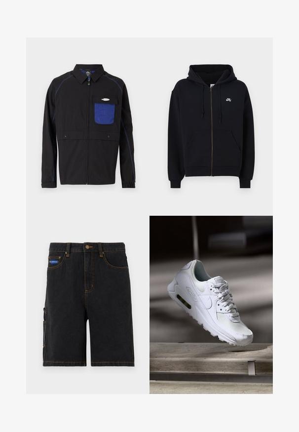 Fekete dzseki kék hálós mellzsebbel, kontrasztos kék öltésekkel és patent gombokkal. Elülső cipzárral és hosszú ujjakkal tervezték.; Fekete cipzáras kapucnis pulóver, elülső zsebekkel, rugalmas mandzsettákkal és egy kis fehér logóval a bal mellrészen. Puha anyagból készült.; Két pamut póló, hátulról látható: az egyik fekete, a másik fehér. Mindkettő rövid ujjú és kerek nyakkivágású, sima felületű.; Fekete farmer sort elülső zsebekkel, egy oldalsó cargo zsebbel és narancssárga varrással. Fém gombos záródással és márkajelzéses patch-el rendelkezik.; Fehér Nike Air Max 90 sneaker, amely hálós és bőr felsőrésszel, perforált orr-résszel és látható légpárnás egységgel rendelkezik a saroknál.