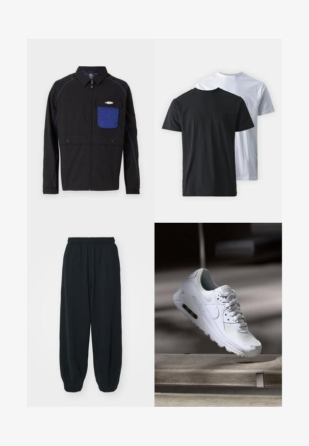Black jacket featuring a blue mesh chest pocket, contrasting blue stitching, and snap buttons. Designed with a front zipper and long sleeves.; Two cotton T-shirts shown back-to-back: one black and one white. Both feature short sleeves and crew necklines, with a smooth texture.; Black, elasticated-waist sweatpants with a loose fit, cuffed ankles, smooth texture, and no visible patterns or hardware accents.; White Nike Air Max 90 sneaker featuring a mesh and leather upper, perforated toe box, and a visible air unit in the heel.