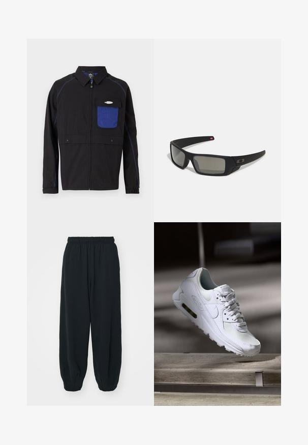 Veste noire avec une poche poitrine en mesh bleu, des coutures bleues contrastantes et des boutons-pression. Conçue avec une fermeture éclair sur le devant et des manches longues.; Deux t-shirts en coton montrés dos à dos : un noir et un blanc. Tous deux possèdent des manches courtes et un col rond, avec une texture lisse.; Pantalons de survêtement noirs avec taille élastiquée, coupe ample, chevilles côtelées, texture lisse et sans motifs ni accents matériels visibles.; Sneaker Nike Air Max 90 blanche avec une tige en mesh et cuir, une boîte à orteils perforée et une unité air visible au talon.; Lunettes de soleil noires avec une finition mate, verres rectangulaires, légère courbure sur les branches, détail de logo subtil et verres teintés fumés.
