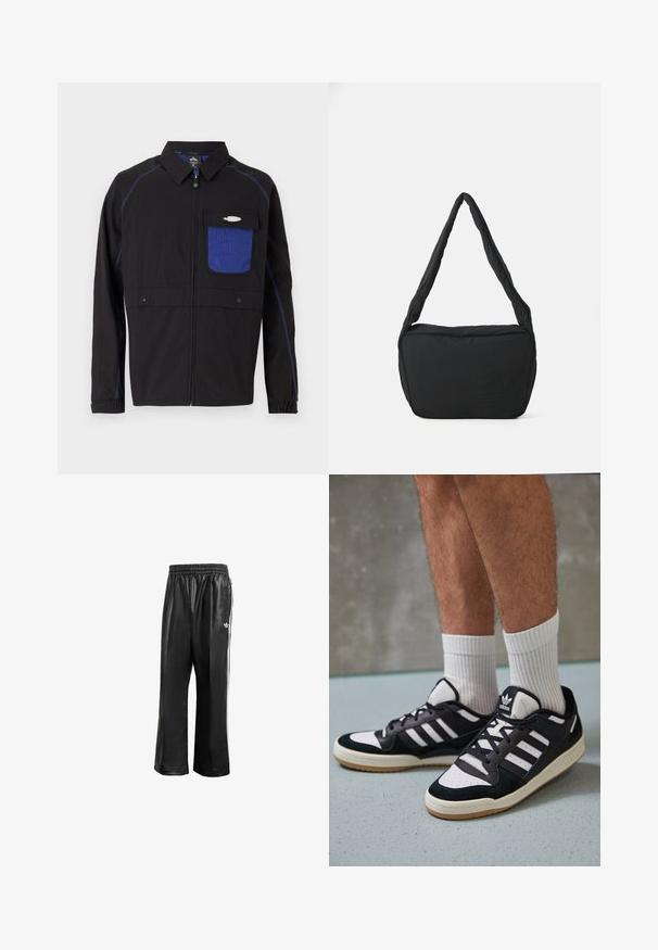 Veste noire avec une poche poitrine en mesh bleu, des coutures bleues contrastantes et des boutons-pression. Conçue avec une fermeture éclair sur le devant et des manches longues.; Deux t-shirts en coton montrés dos à dos : un noir et un blanc. Tous deux possèdent des manches courtes et un col rond, avec une texture lisse.; Pantalons de sport synthétiques noirs avec une taille élastique, dotés de rayures blanches sur les côtés et d'un petit logo blanc sur la hanche gauche.; Baskets noir et blanc avec une tige en suède et cuir, comportant trois rayures blanches, un bout perforé et une semelle en caoutchouc gum.; Sac à épaule noir avec une texture rembourrée, une forme arrondie et une large bandoulière, arborant un logo embossé sur le devant.