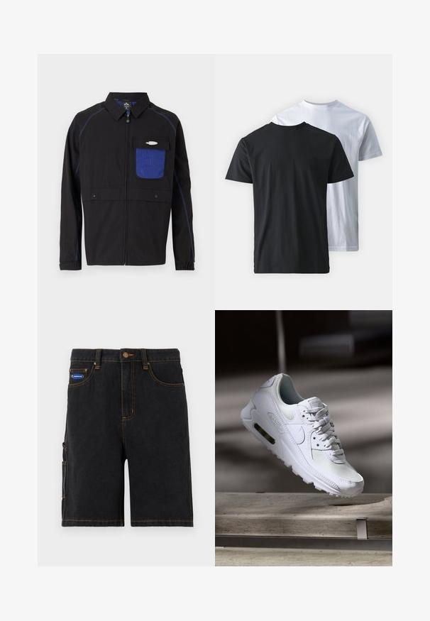 Melna jakna ar zilu sietu krūtīša kabatu, kontrastējošiem ziliem diegiem un spiedpogu aizdari. Izstrādāta ar priekšējo rāvējslēdzēju un garām piedurknēm.; Divas divas kokvilnas T-krekli, kas parādīti viens pret otru: viens melns un viens balts. Abiem ir īsas piedurknes un apaļas kakla izgriezumi, ar gludu tekstūru.; Melnas džinsu šortu ar priekšējiem kabatām, sānu kravas kabatu un oranžiem šuvēm. Iespējams metāla pogas aizdare un zīmola uzlīme.; Baltas Nike Air Max 90 sporta apavi ar sietu un ādas augšdaļu, caurspīdīgu pirksta daļu un redzamu gaisa vienību papēdī.