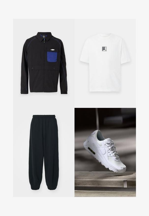 Juodas švarkas su mėlynu tinklo krūtinės kišeniu, kontrastingomis mėlynomis siūlėmis ir užsegamais mygtukais. Sukurtas su priekiniais užtrauktukais ir ilgomis rankovėmis.; Balta medvilnės marškinėliai su centriniu juodu ir pilku logotipu. Klasikinis apvalus kaklas ir trumpomis rankovėmis, laisvas kirpimas.; Juodi, su elastiniu juosmeniu sportiniai kelnės su laisvu siluetu, suapvalintais kulkšnimis, lygia tekstūra ir be matomų raštų ar metalinių akcentų.; Baltos Nike Air Max 90 sportbačiai su.comi ir odos viršumi, perforuota pirštų dėžute ir matomu oro pagalvėle kulne.