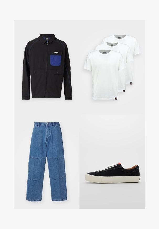 Must mustikas, millel on sinine võrgust rinna tasku, kontrastsete siniste õmblustega ja nööpkinnitusega. Kujundatud esikuluugi ja pikkade varrukatega.; Kolm üksikut valget puuvillast T-särki lühikeste varrugatega. Igal särgil on ümmargune kaelus ja väike must logo sildik vasakul küljel.; Heledad sinine teksapükste lõdva lõikega, millel on kaks erinevat kangapaneeli, eesnuppudega sulgemine ja laiad sääred.; Must mustrasneaker mustmustraday valgetus valge nööritega, beež kummist tallaga ja punase aktsendiga kandade juures. Ümar nina ja minimaalne õmblusdetail.