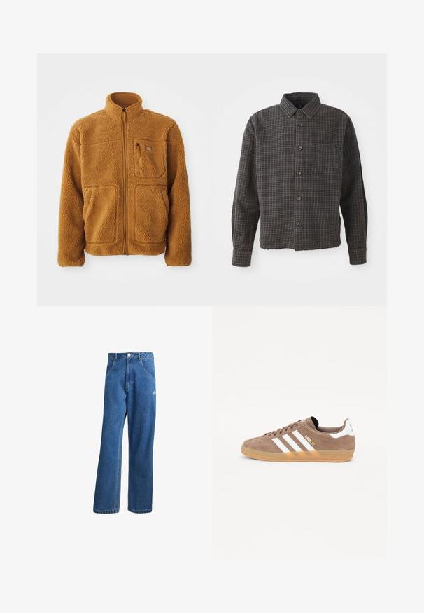 Šiltas rudos spalvos flisinis džemperis su visišku užtrauktuku, aukštu apykakle, dviem priekinėmis kišenėmis ir krūtine kišene su užtrauktuku.; Pilkos ir juodos languotos ilgomis rankovėmis marškiniai su apykakle, vienu krūtine kišenė, ir šiek tiek trumpesniu kraštu.; Mėlynos aukštu liemeniu plačios džinsinės kelnės su priekinėmis kišenėmis, diržo kilpos, sagčių uždarymu ir mažu Adidas logotipu dešinėje šlaunyje.; Rudi zomšiniai sportbačiai su trimis baltais brūkšneliais, auksiniu "Gazelle" logotipu ir guminiu padu. Turi paminkštintą liežuvį ir kulną komfortui.