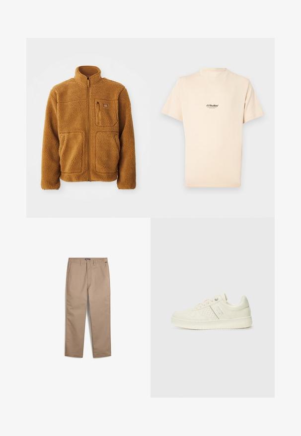 Fleece jas in een warme bruine kleur met een volledige rits, hoge kraag, twee voorzakken en een borstzak met ritssluiting.; Korte mouwen, roomkleurig T-shirt van katoen met een ronde hals. Heeft een kleine zwarte logo print op de borst.; Beige chinos van een katoenmix, met een rechte pasvorm, voorzakken en een knoopsluiting voor een klassieke uitstraling.; Crème-kleurige sneaker met geperforeerde details, veters en een logo aan de zijkant, weergegeven tegen een eenvoudige witte achtergrond.