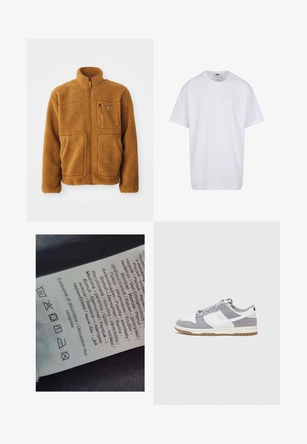 Giacca in pile di un caldo colore marrone, dotata di zip intera, colletto alto, due tasche frontali e una tasca sul petto con chiusura a zip.; Maglietta bianca in cotone con maniche corte, scollatura rotonda, vestibilità comoda e senza loghi o motivi visibili. Texture liscia e design minimale.; Etichetta con testo multilingue, simboli di cura e icone di riciclo, stampata su un materiale morbido simile a stoffa di colore chiaro.; Sneaker grigia e bianca con tomaia in suede e pelle, punta arrotondata, lacci piatti e soletta in gomma con un accento color caramello.