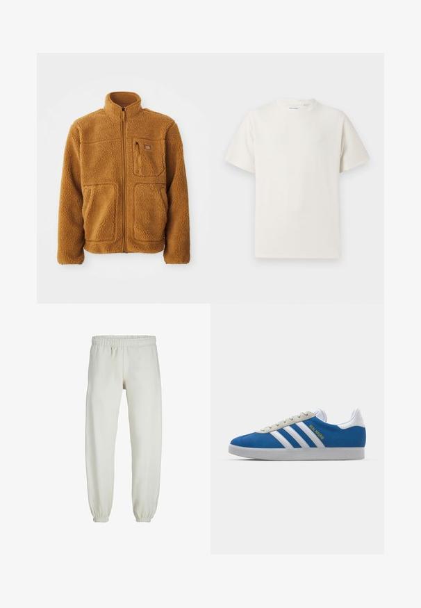 Flis jakna u toploj smeđoj boji s punim patent zatvaračem, visokim ovratnikom, dva prednja džepa i džepom na prsima s patent zatvaračem.; Bijela kratka majica s kratkim rukavima u rebrastoj teksturi. Okrugli izrez, ležeran kroj, bez vidljivih uzoraka ili akcenta. Jednostavan i svestran dizajn.; Bijele trenirke napravljene od mekanog materijala, s elastikom u struku i na manžetama, glatke teksture i labavog kroja.; adidas Originals ADIDAS GAZELLE SHOES - Dvoranske nogometne kopačke - real madrid/bluebird/footwear white/crew yellow