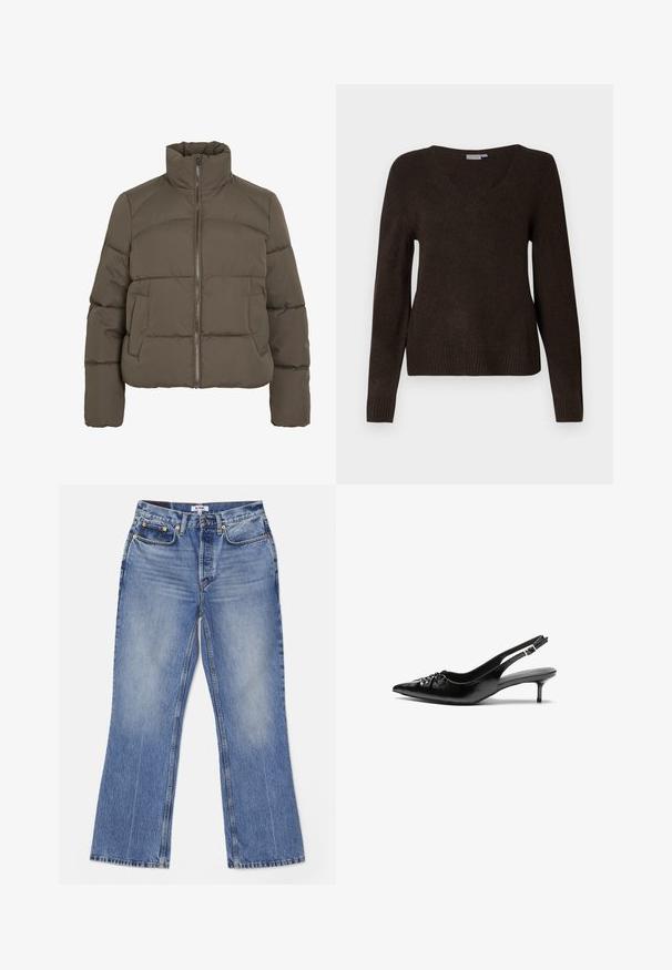 Puffer jacket in dark olive green, featuring a high collar, front zipper closure, and two side pockets; quilted texture throughout.; Long-sleeve dark brown V-neck knit sweater with ribbed cuffs and hem, displayed on a plain white background.; Brown, long-sleeve blouse with a collared neckline, button front, and gathered detailing at the sides. Smooth, satin-like fabric.; RE/DONE LOOSE - Bootcut jeans - hacienda; Black leather slingback heels with a pointed toe, small kitten heel, and a decorative knot detail on the front. Smooth texture throughout.