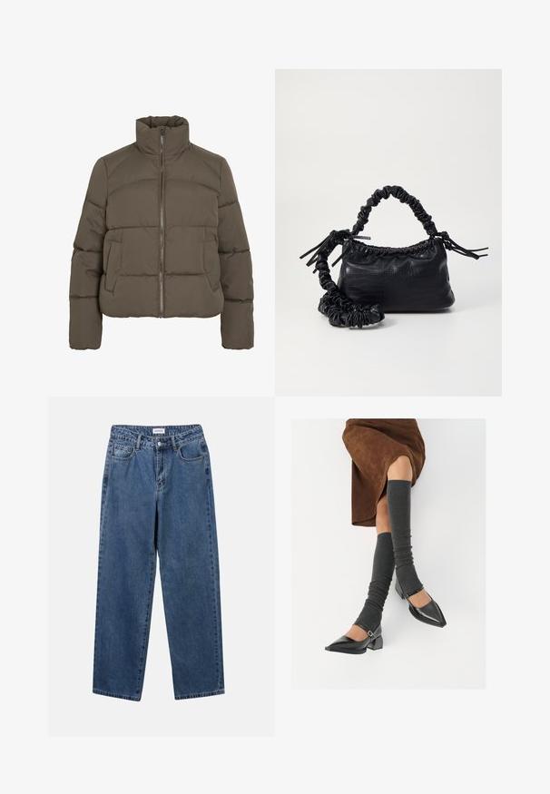 Giacca imbottita verde oliva scuro, con colletto alto, chiusura frontale con cerniera e due tasche laterali; texture trapuntata su tutta la superficie.; Camicia bianca con bottoni, realizzata in cotone liscio, dotata di un colletto classico, maniche lunghe e orlo curvo. I bottoni sono piccoli e bianchi.; Jeans in denim blu classico con design a gamba dritta, cinque tasche e chiusura con bottone. Presentano un lavaggio medio e una trama robusta.; Scarpe nere in pelle verniciata con punta affilata, tacco a blocco e cinturino alla caviglia, abbinate a scaldamuscoli grigi a coste e una gonna in suede marrone.; Borsa a tracolla in ecopelle nera con texture a coccodrillo, apertura cinchata e tracolla arricciata. Si presenta con un design morbido e compatto.