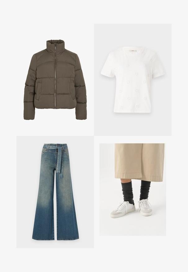 Puffer-jope tumerohelises oliivitoonis, varustatud kõrge kraega, ees oleva lukuga ja kahe küljetaskuga; kogu jope on tikandiga.; Valge puuvillane T-särk lühikeste varrukatega, millel on väljatud lillemotiivid. Ümar kaelus, mugav lõige ja sile tekstuur.; Laiad denimpüksid, millel on hele tume sinine gradiendiefekt, kõrge vöökoht, vöökumlid ja sobivast kangast vöö. Struktureeritud denimi viimistlus.; Valged ja hallid tennised musta kannaaktsendiga, millel on sile nahkpealis ja tekstuuriga sametine varvas. Kanda tumedate hallide viltuste sokkidega.