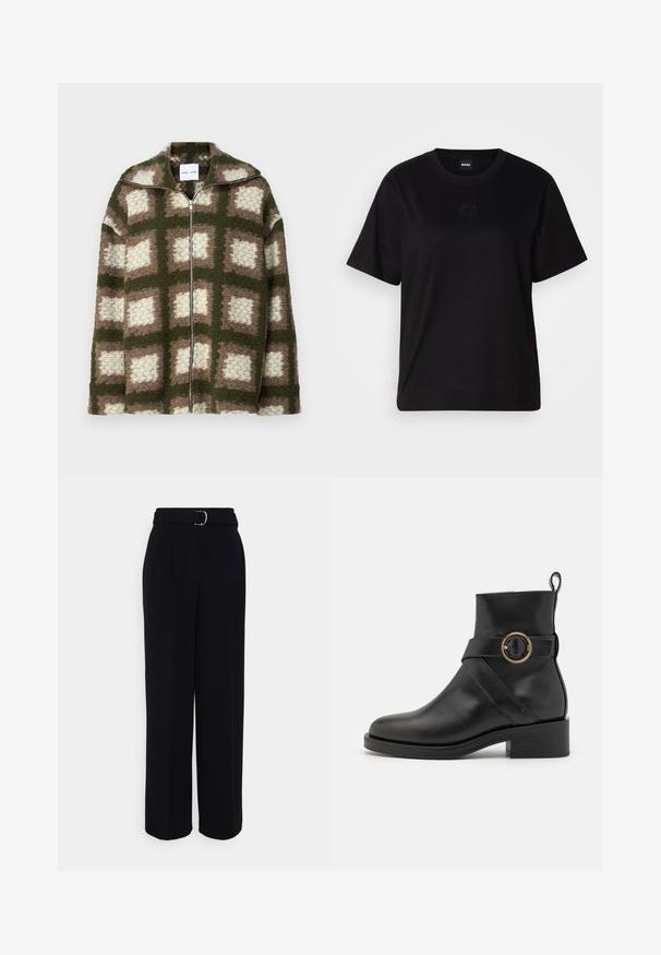 Fleece zip-up jacket with a green, brown, and cream square pattern. Features a high collar and soft texture. Relaxed fit.; Black cotton t-shirt with a crew neckline, short sleeves, and an embroidered logo on the chest. Simple, relaxed fit with no patterns.; Black tailored pants with a wide-leg silhouette, featuring a belt with a silver buckle, pleats, and a smooth fabric texture.; BOSS IRYNA BOOTIE - Platform ankle boots - black
