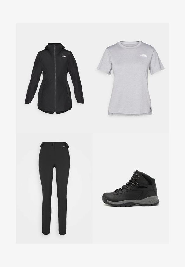 Svart vattentät jacka med huva, frontdragkedja, sidofickor och elastiska manschetter. Har logotyp på bröstet och en något böjd fåll.; Grå kortärmad t-shirt i mjukt, fuktavledande tyg. Har en rund halsringning och en liten vit logotyp på övre vänstra sidan.; Svarta, åtsittande byxor tillverkade av ett flexibelt material. Funktioner inkluderar en ficka med dragkedja på sidan, artikulerade knän och en jämn yta.; Svart vandringskänga med mellanhög design, som har en texturerad överdel, grå accenter och en slitstark gummisula med greppklackar.