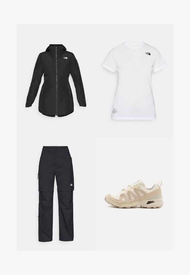 Svart vanntett jakke med hette, frontglidelås, sidelommer og elastiske mansjetter. Har logo på brystet og en lett buet kant.; Hvit bomull T-skjorte med en svart logo på venstre bryst og et grått grafisk design nederst til høyre. Klassisk rund hals og korte ermer.; Svarte nylon cargo-bukser med glidelås og justerbare mansjetter, flere lommer og en logo på høyre bein. Glatt, lett tekstur.; Beige og krem joggesko med teksturert mesh-overdel, støttende overlegg og gummisåle med et mønster for godt grep.