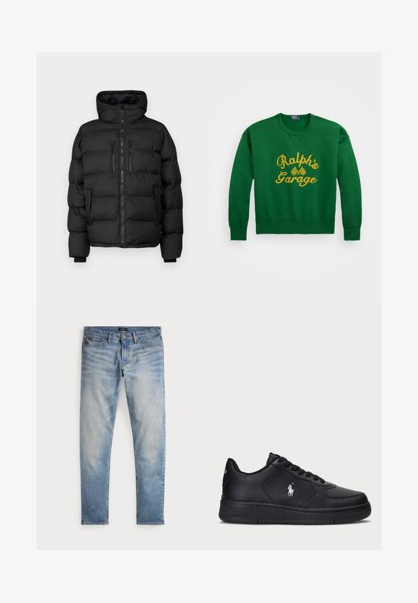 Doudoune noire avec une capuche, comportant des sections matelassées, une fermeture éclair à l'avant et deux poches zippées à la poitrine. Texture douce et design chaud.; Sweatshirt vert avec un col arrondi, comportant un texte brodé jaune "Ralph’s Garage" et des détails à damier. Matière en mélange de coton.; Jean en denim bleu clair avec une finition délavée, design à cinq poches et couture contrastante. Comprend une fermeture éclair et des passants de ceinture. Coupe droite.; Baskets en cuir noir avec un design perforé, fermeture à lacets plate et logo brodé blanc sur le côté. Semelle en caoutchouc noire épaisse.