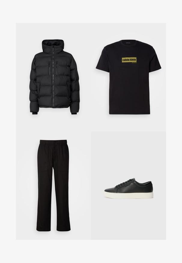 Chaqueta de plumas negra con capucha, con secciones acolchadas, un zipper frontal y dos bolsillos con zipper en el pecho. Textura suave y diseño cálido.; Camiseta de algodón negra con mangas cortas, que presenta un logo rectangular verde con el texto "calvin klein" y "new york city" en letras negritas.; Pantalones negros con un ajuste relajado, hechos de una tela ligera. Presentan una cintura elástica, cierre de botón y dos bolsillos frontales.; Zapatillas de cuero negro con textura perforada, puntera redonda y suela plana de goma blanca. Presenta cordones negros y un logo sutil en el costado.