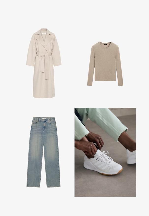 Cappotto in misto lana beige con colletto a revers, vita segnato da una cintura e maniche ampie. Presenta un design pulito e orlo di lunghezza media. Superficie texturizzata.; Massimo Dutti RIBBED CREW NECK - Maglione - LIGHT BROWN; Jeans high waisted di colore blu chiaro in denim, con design a gamba dritta, cinque tasche e sottili dettagli di whisker nella parte anteriore.; Scarpa sportiva bianca con tomaia in rete, suola in gomma e design a tre strisce. I lacci vengono regolati; visibili abbigliamento grigio chiaro e verde menta.