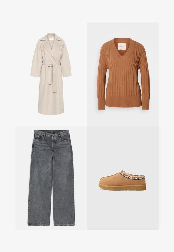 Bežinis vilnos mišinio paltas su įpjautu apykakle, diržu aplink liemenį ir plačiomis rankovėmis. Turi švarų dizainą ir vidutinio ilgio hemą. Textūruotas paviršius.; Bronzinės spalvos megztinis su V formos iškirpte, su raišteliu, ilgomis rankovėmis ir prigludusia apačia. Etiketėje parašyta "GANT."; Platus kojų džinsai tamsiai pilko džinsinio audinio. Yra aukšta liemenė, penkių kišenių dizainas ir priekinis sagčių uždarymas. Lygus paviršius su subtiliu dėvėjimosi efektu.; Šviesiai rudos suknelės bateliai be užsegimo su tekstūruota vilnos pamušalu ir dekoratyvine etniniu stiliumi siuvinėjimu aplink apykaklę. Yra guminiu padu.