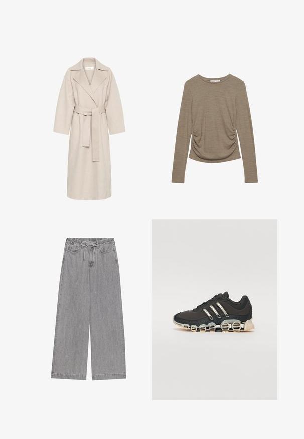Bežový kabát z vlnenej zmesi s vykrojeným golierom, opaskom v páse a širokými rukávmi. Má jednoduchý dizajn a stredne dlhý lem. Textúrovaný povrch.; Dlhý rukáv, neutrálny béžový top s okrúhlym výstrihom a bočnými nariaseniami. Vyrobený z mäkkej, textúrovanej tkaniny.; Šedé široké nohavice vyrobené z denimu, s elastickým pásom s možnosťou stiahnutia, dvoma prednými vreckami a rovnými nohavicami.; Čierna športová obuv s textúrovaným zvrškom, tromi striebornými pruhmi a charakteristickou podošvou s viacerými integrovanými sekciami.